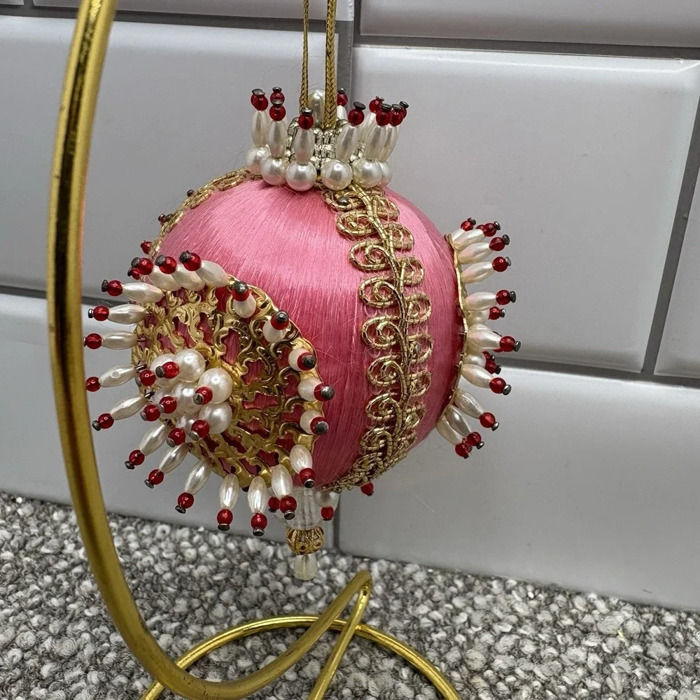 VTG Christmas Ornament PINK Beaded Pins Lace MCM Shiny Round Ball 4.5